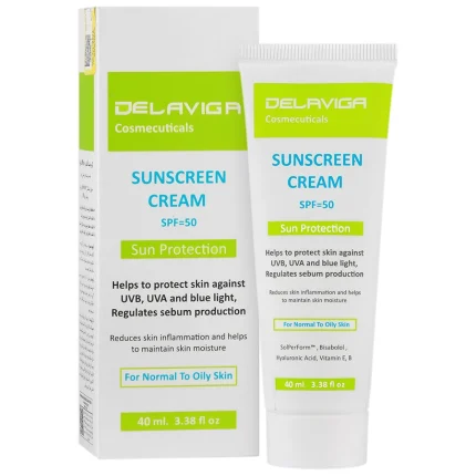 کرم ضد آفتاب SPF50 پوست معمولي تا چرب دلاویگا 40 ميل