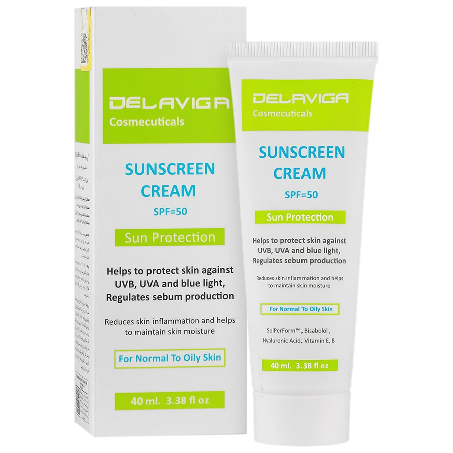 کرم ضد آفتاب SPF50 پوست معمولي تا چرب دلاویگا 40 ميل کرم ضد آفتاب SPF50 پوست معمولي تا چرب دلاویگا 40 ميل